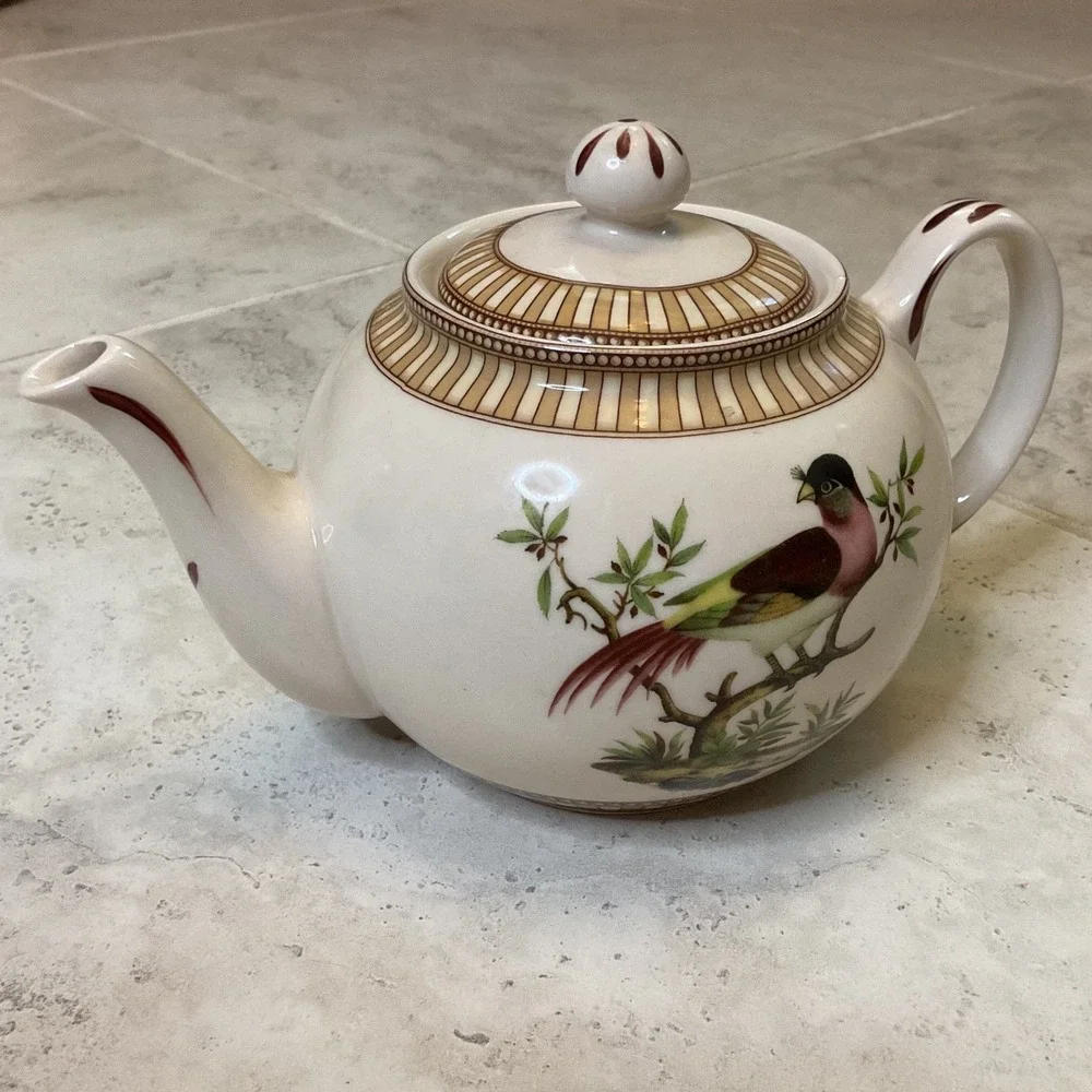 Vintage Burton & Burton Birds of Prey Ceramic Teapot Cream w/ Striped Border